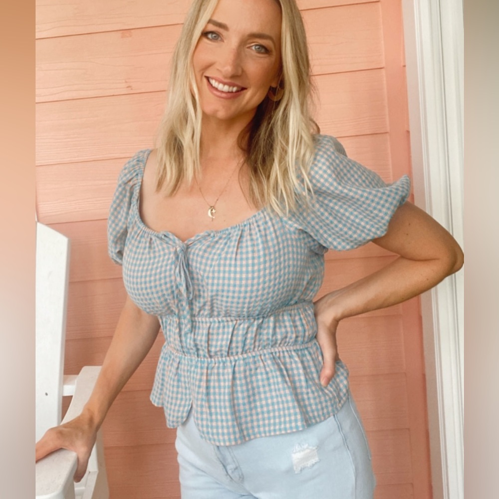 Gingham cottage core blue pink top